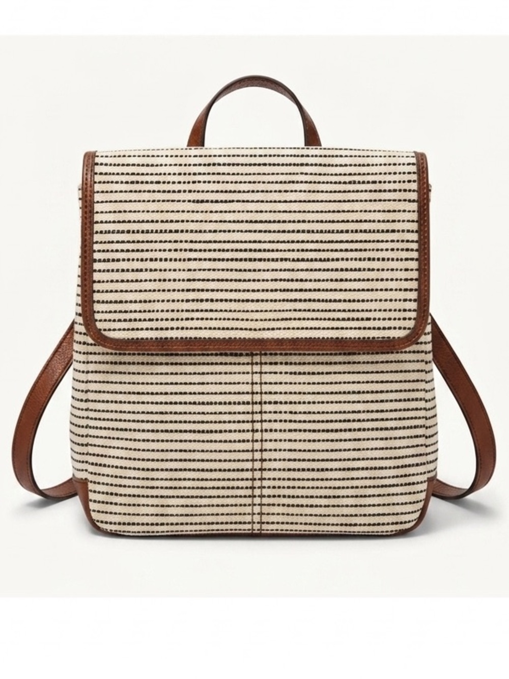 Fossil Megan Mini Backpack Canvas Leather Striped Cream Brown Bag Purse